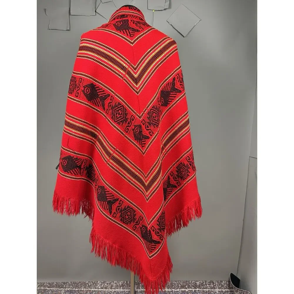 Red Black Woven Geometric Fringe Poncho Cape Shawl Boho Festival One Size